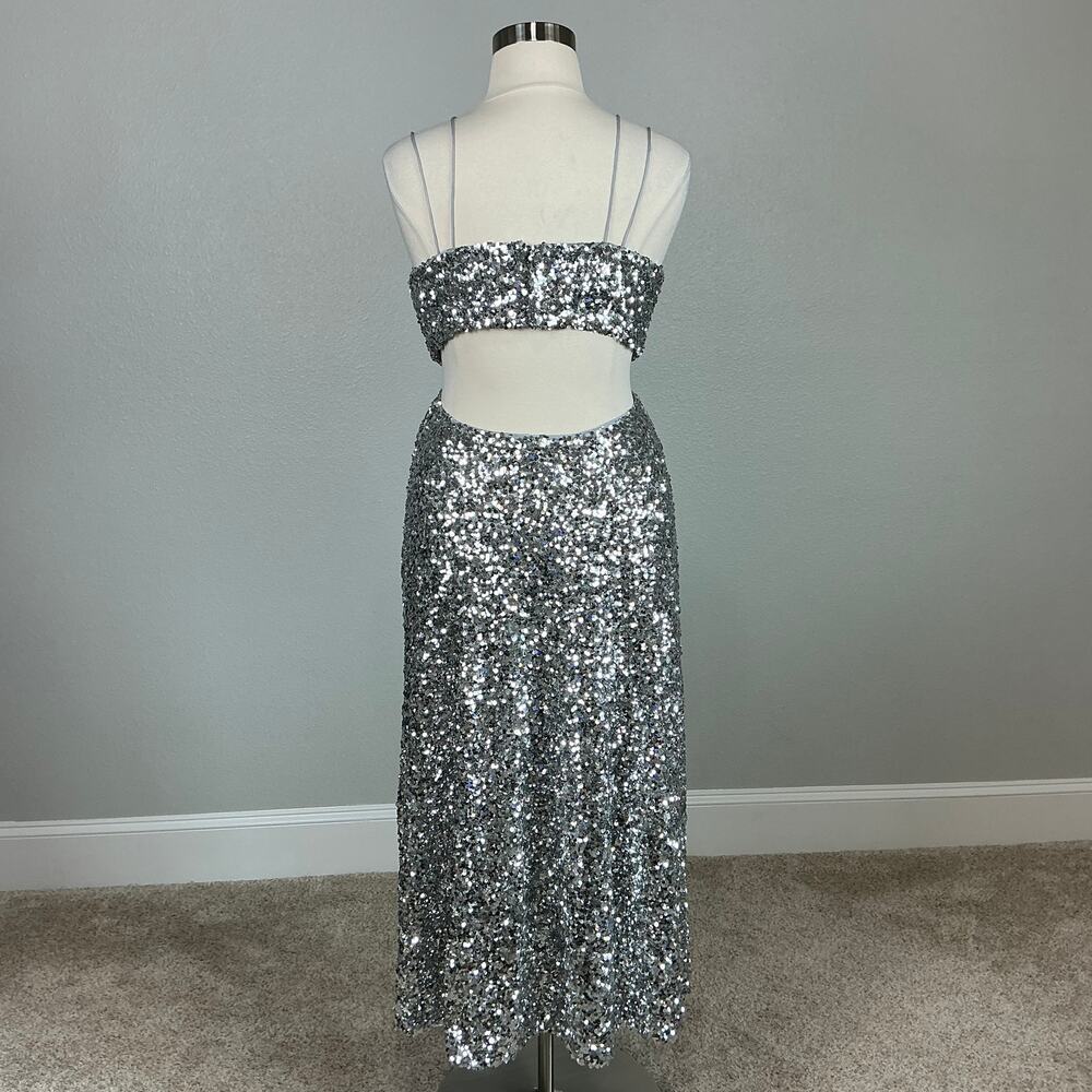Sachin & Babi Sequined Cut Out Midi A-Line Evening Gown Silver Size 14 Dress - Picture 7 of 13